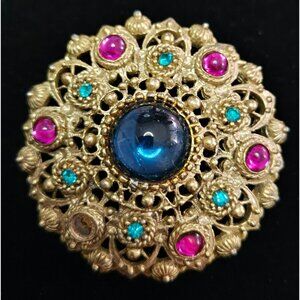 Vintage 1980's Sphinx Large Goldtone Pink and Blue Cabochon Brooch